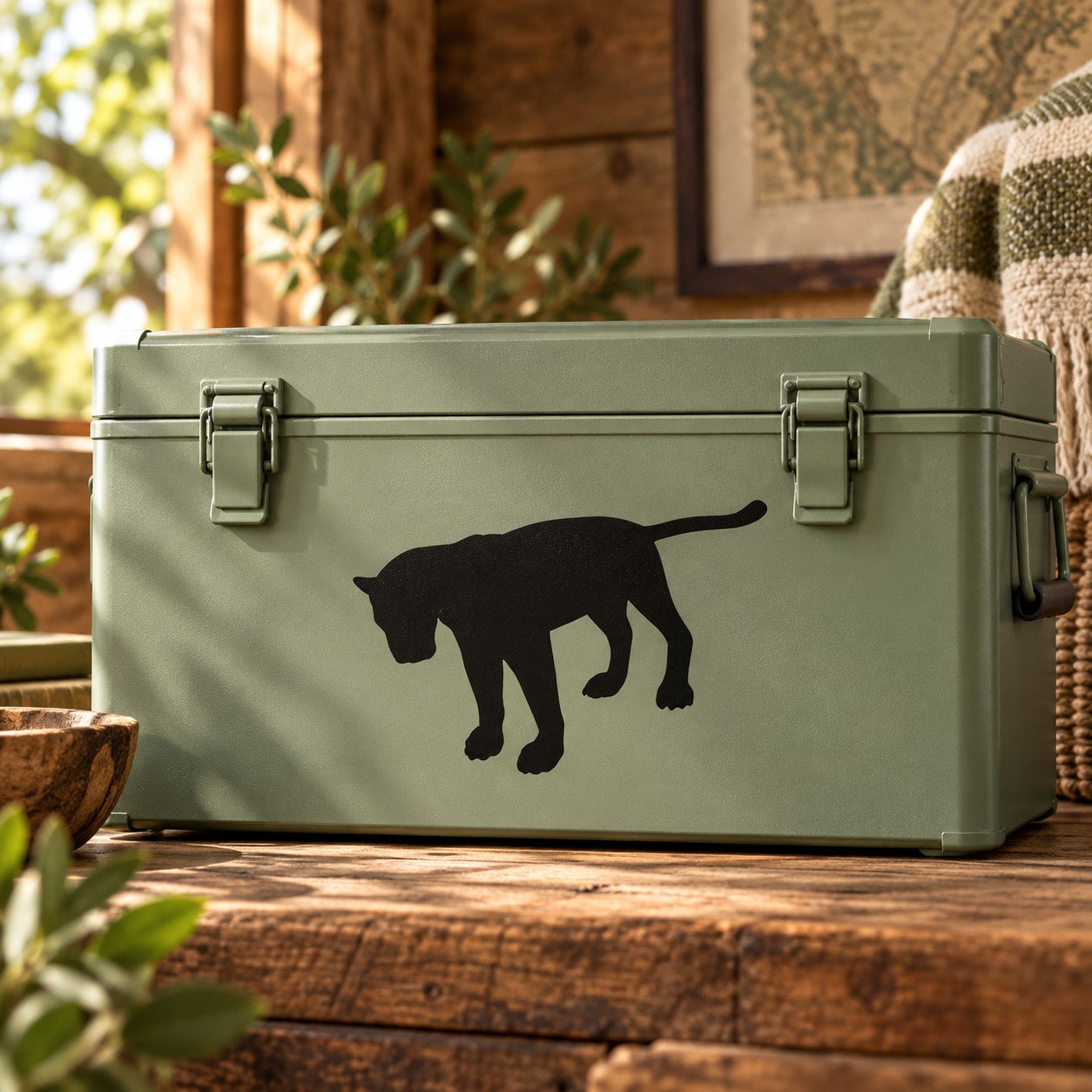 Panther looking silhouette decal in black on green storage box