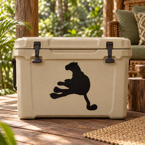 Reclining panther decal with solid black silhouette on a light cooler
