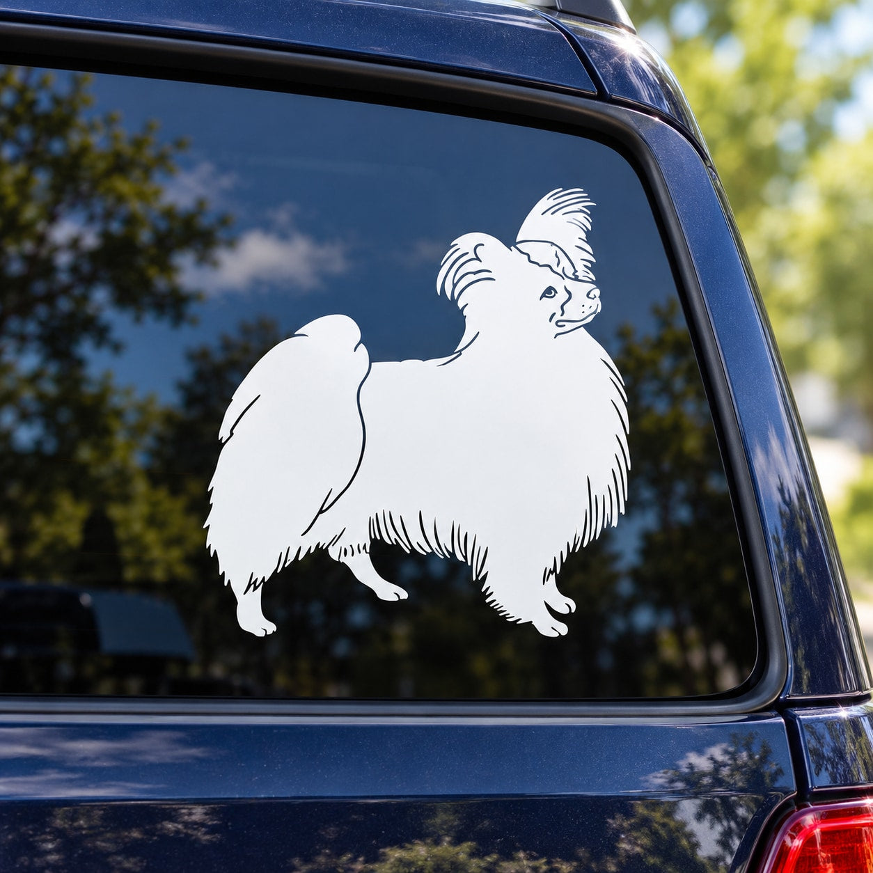 Detailed Papillon dog decal in white on a car window