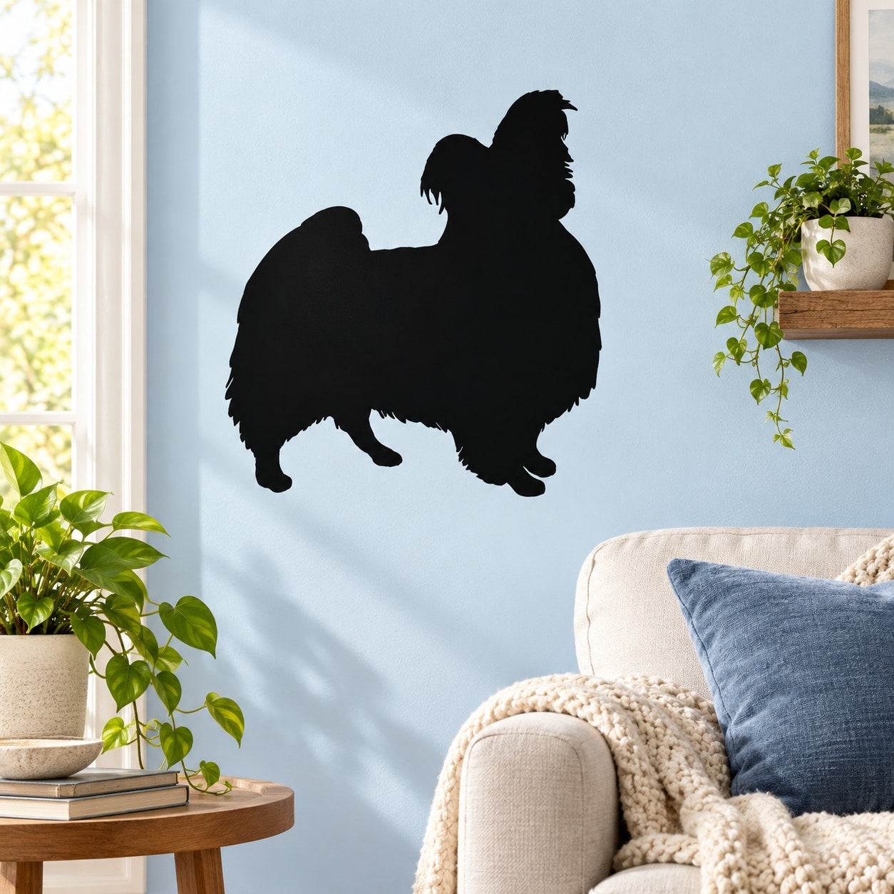 Papillon dog wall decal with black silhouette of a small long-eared dog