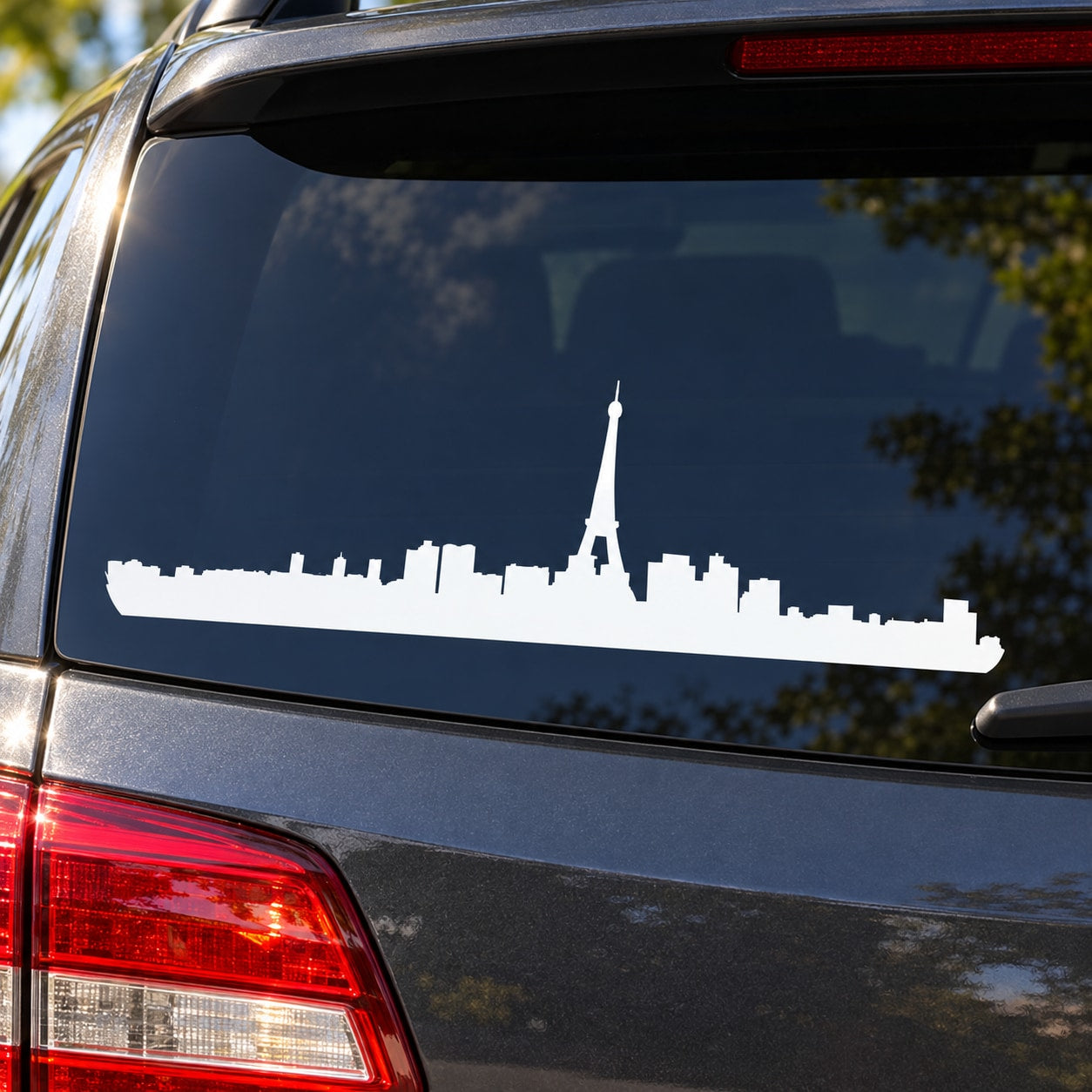 White Paris skyline wall decal with Eiffel Tower silhouette on a dark surface