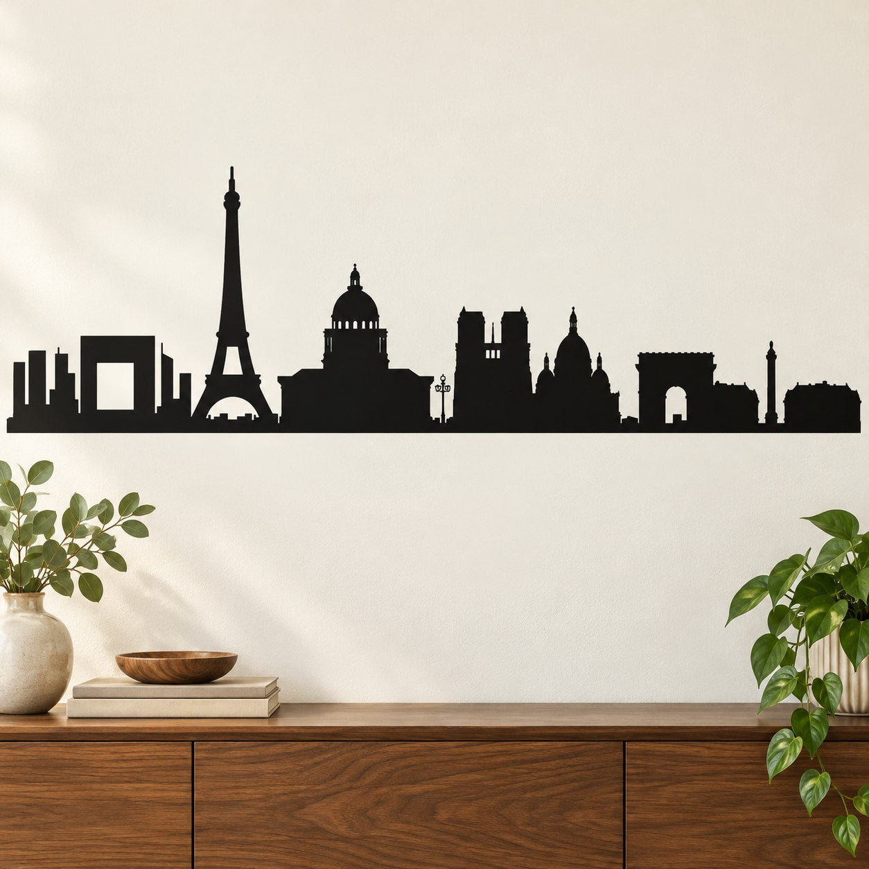 Black Paris skyline wall decal with Eiffel Tower and city landmark silhouettes