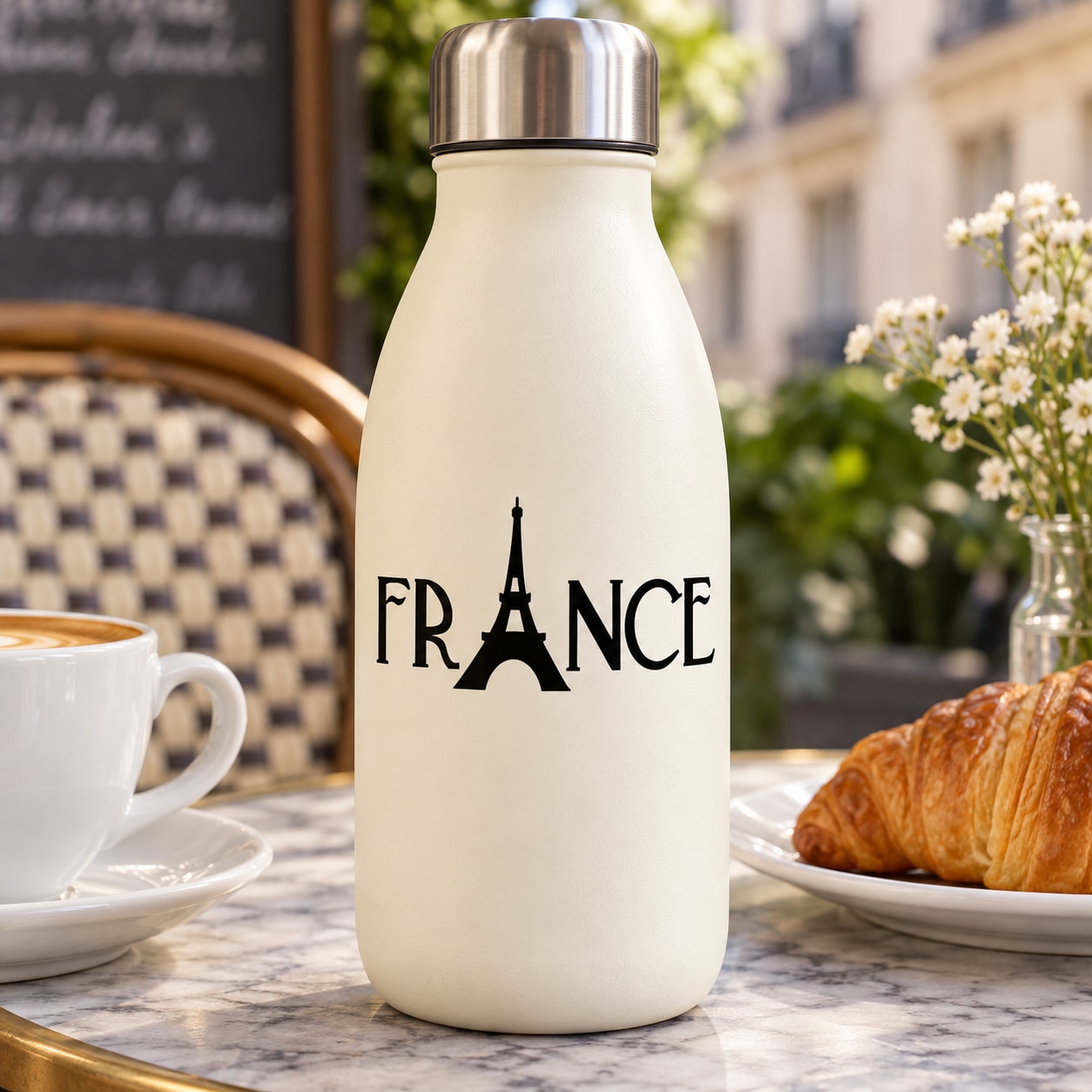 Cream bottle decal with “FRANCE” text and Eiffel Tower icon