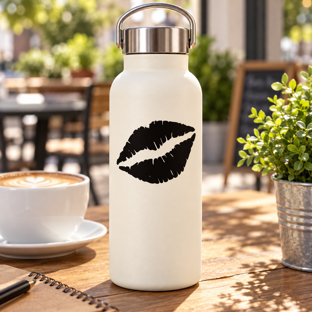 White reusable water bottle with black lips decal