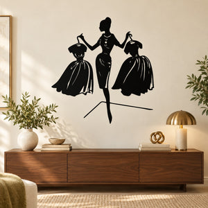Black fashion silhouette wall decal with three figures: central woman and two dancers
