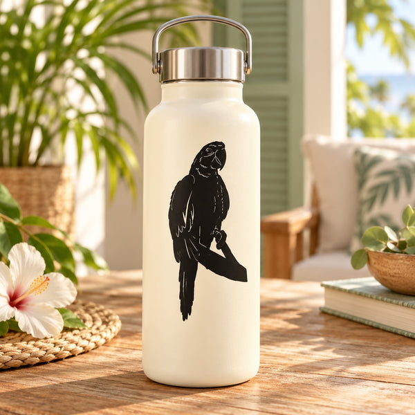 Cream bottle with black parrot on branch decal