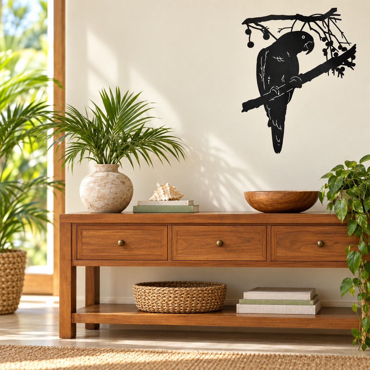 Black parrot on branch wall decal silhouette