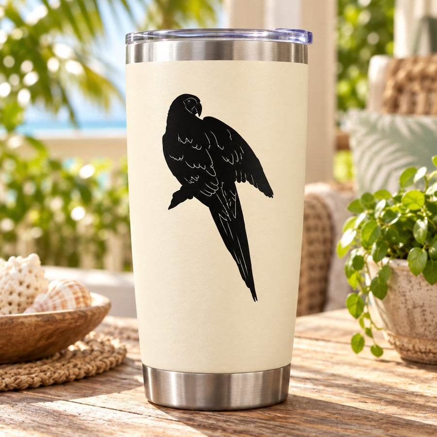 Parrot grooming wing decal: black parrot silhouette on a beige tumbler