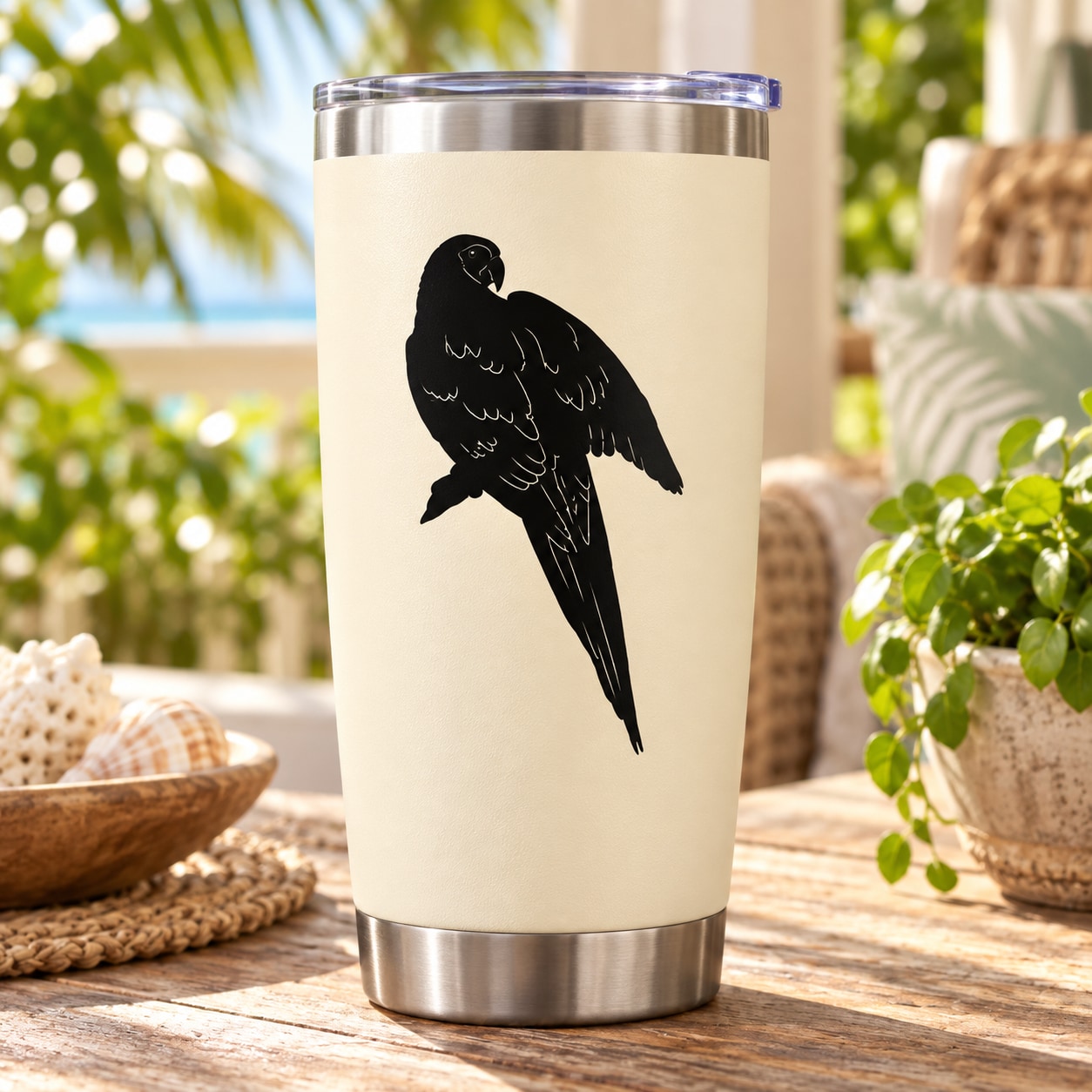 Parrot grooming wing decal: black parrot silhouette on a beige tumbler