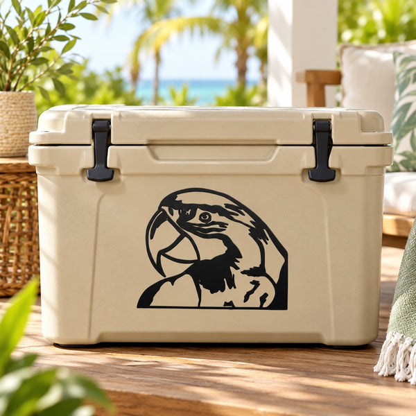 Parrot head head decal in black graphic on a light cooler