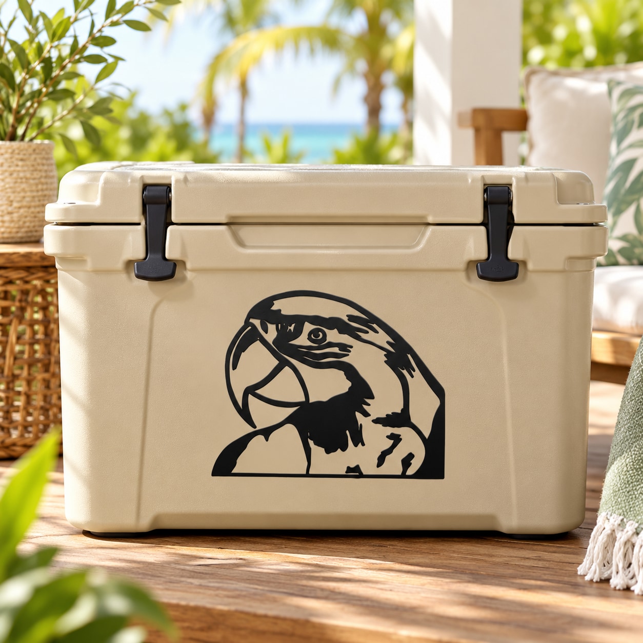 Parrot head head decal in black graphic on a light cooler