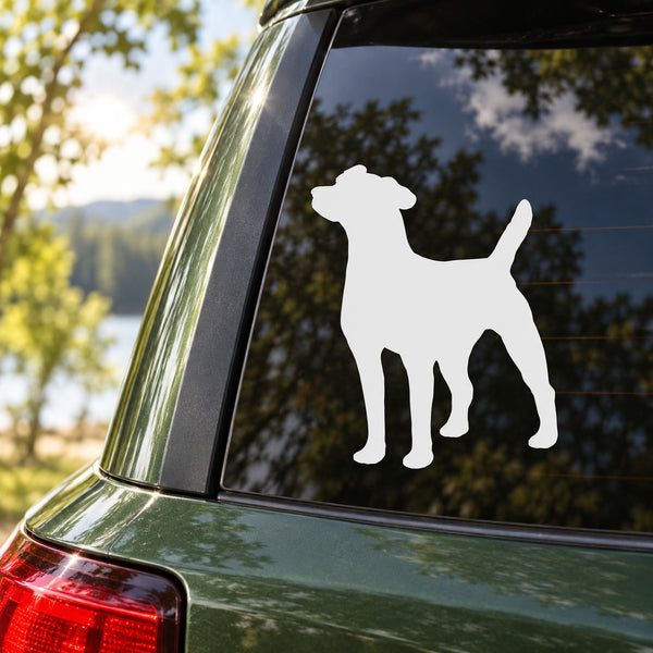 White Parson Russell Terrier decal with hungry dog silhouette on car window