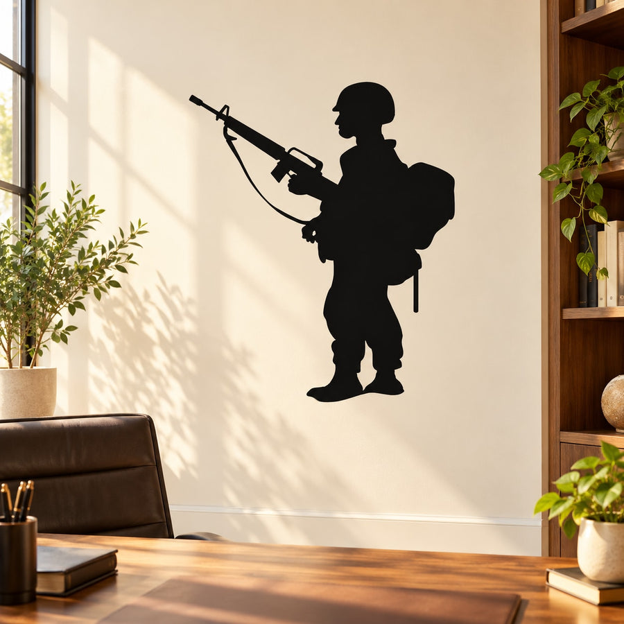 Soldier silhouette wall decal with backpack and rifle, black