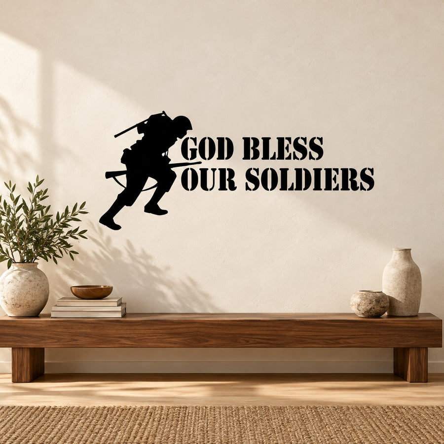 Black wall decal with soldier silhouette and 'GOD BLESS OUR SOLDIERS' text