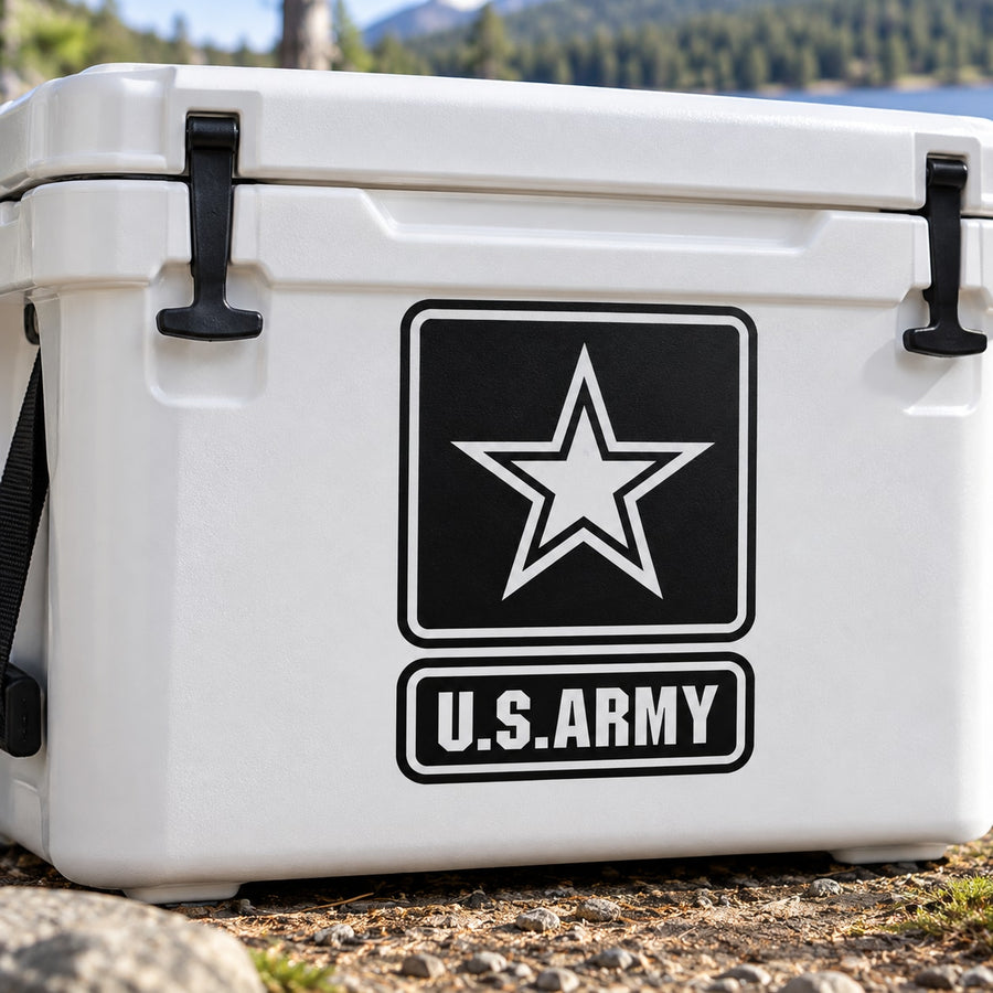 U.S. Army star car decal: white star on black square with U.S. ARMY text