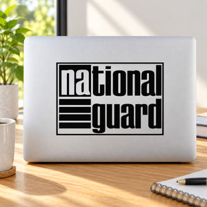National Guard logo decal, black and white block lettering with lines