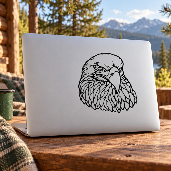 Eagle head decal with black line-art on a light surface