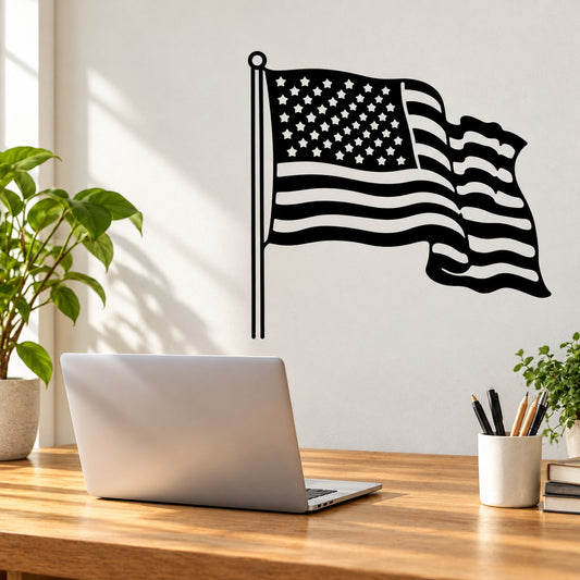 American flag wind decal with star field, striped waves, and black outline