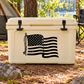 American flag decal on beige cooler lid with black tassel and waving stripes