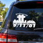 Car window 9/11 memorial decal with airplane icon and 'WE WILL NEVER FORGET' text