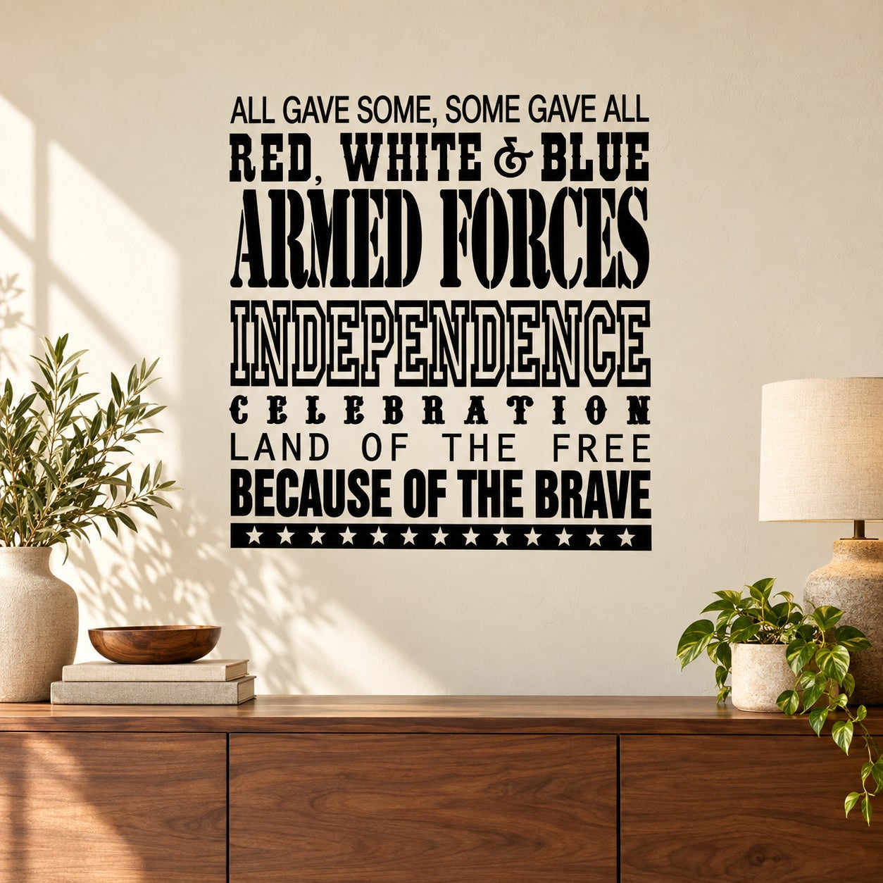 Typography wall decal with bold black text: Armed Forces Independence Celebration