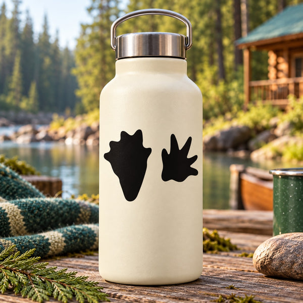 Beaver paw track decal with two black paw-print silhouettes on a bottle