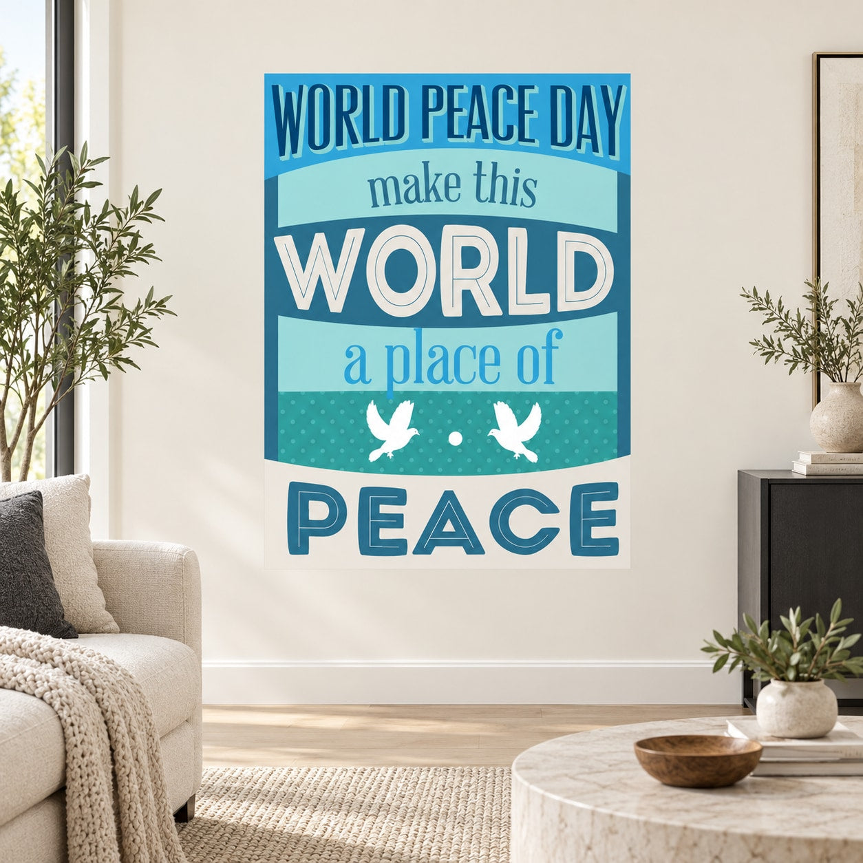 World Peace Day vinyl wall decal with 'WORLD PEACE DAY' and dove 'PEACE' text