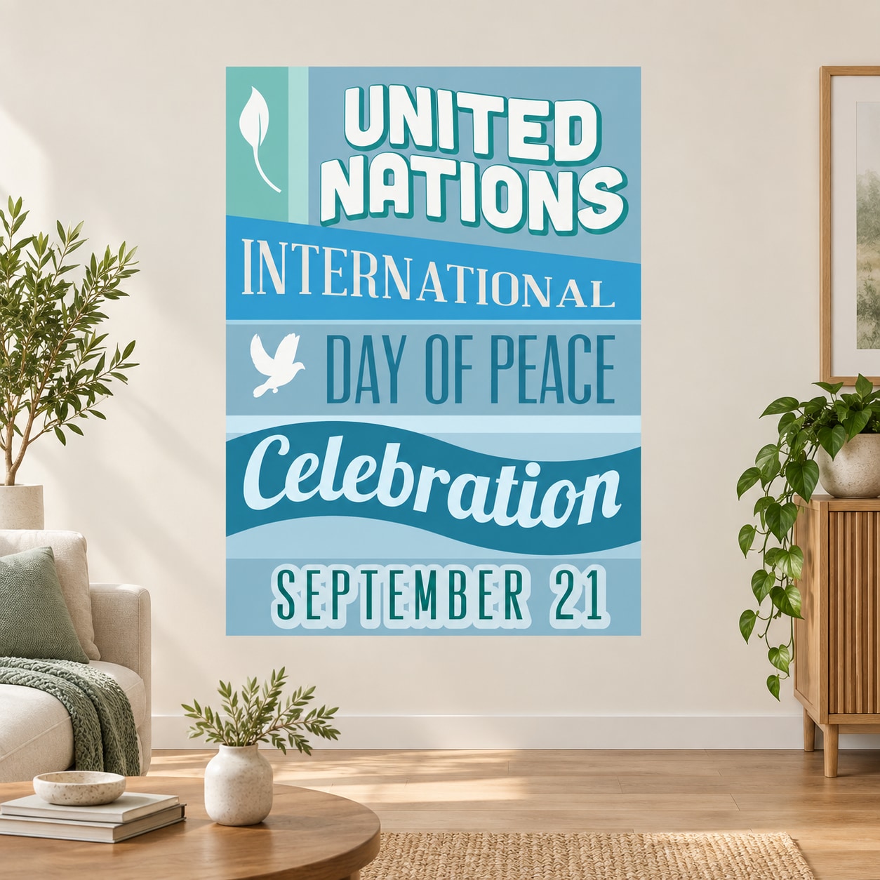 United Nations Day of Peace celebration wall decal with typography on light blue