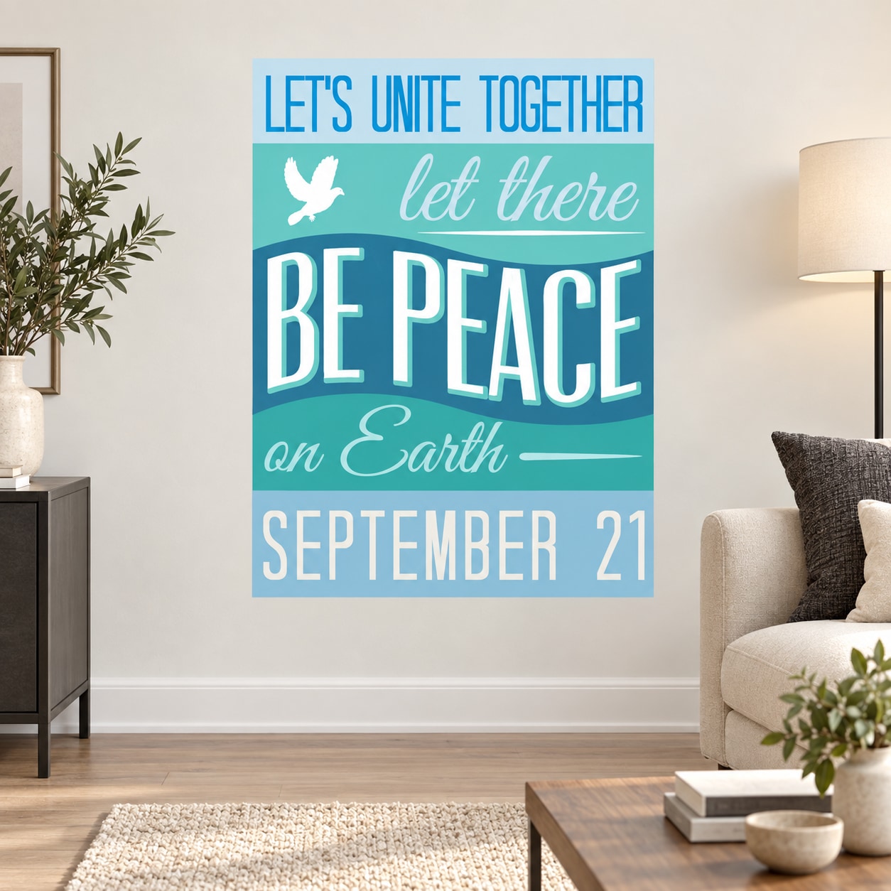Peace Day typography wall decal with dove, “Be Peace on Earth,” and “September 21”