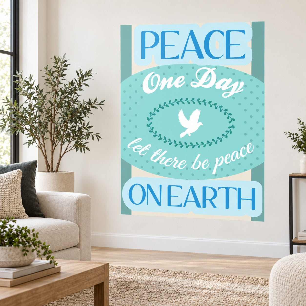 Peace Day vinyl wall decal with blue typography, dove and 'Let there be peace on earth'