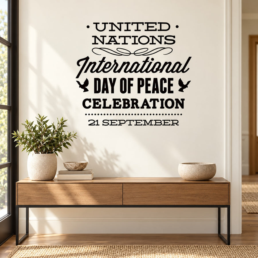 Wall decal with United Nations International Day of Peace Celebration text and symbols