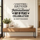 Wall decal with United Nations International Day of Peace Celebration text and symbols