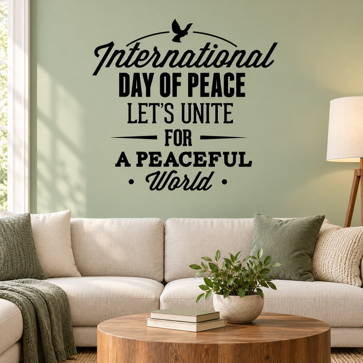 Peace wall decal with dove and 'Let's unite for a peaceful world' wording