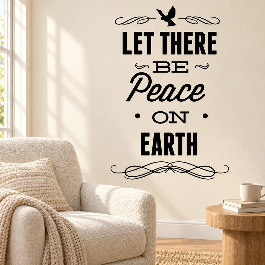 Peace on Earth wall decal with dove and decorative swirl script in dark ink