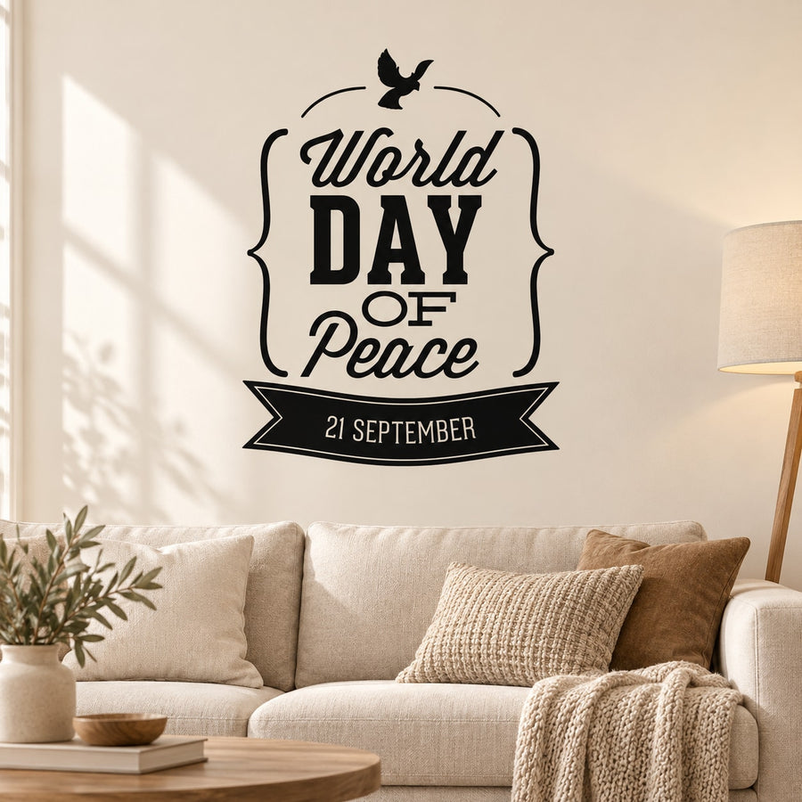 Black World Day of Peace wall decal with dove and ribbon text, 21 September design