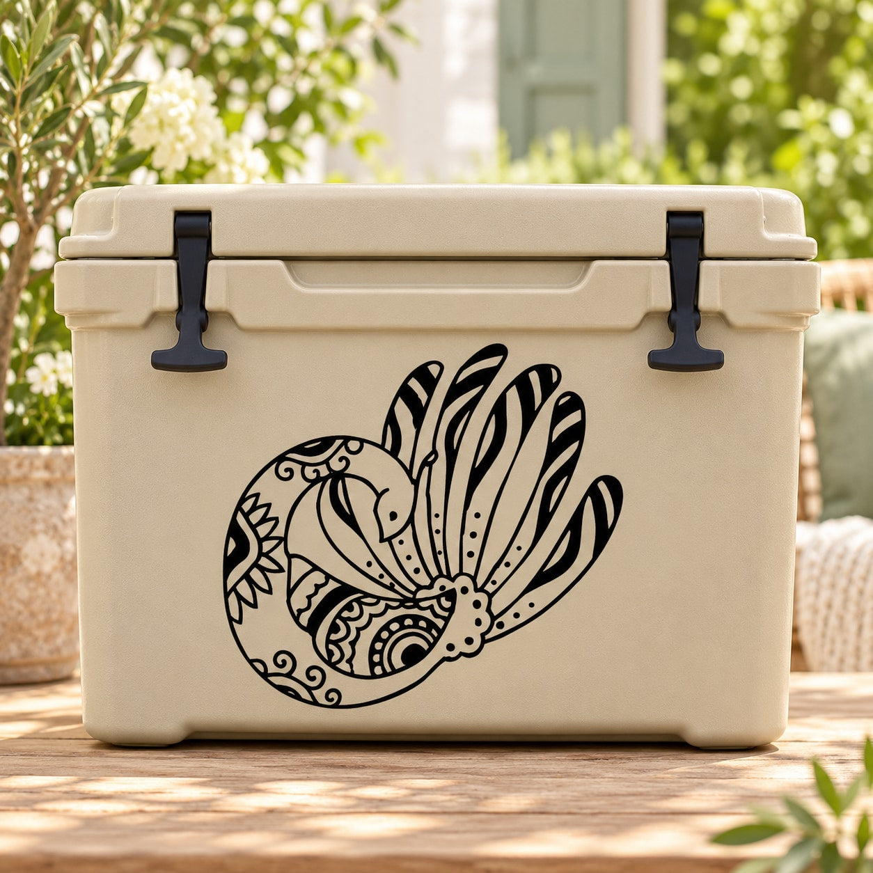 Peacock feather decal in black line art on beige cooler lid