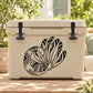 Peacock feather decal in black line art on beige cooler lid