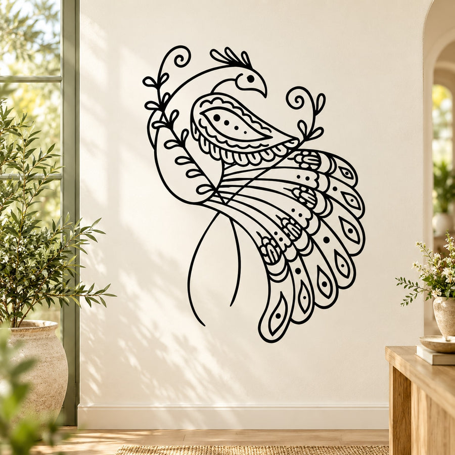 Black paisley-style peacock decal with detailed feather line art on wall