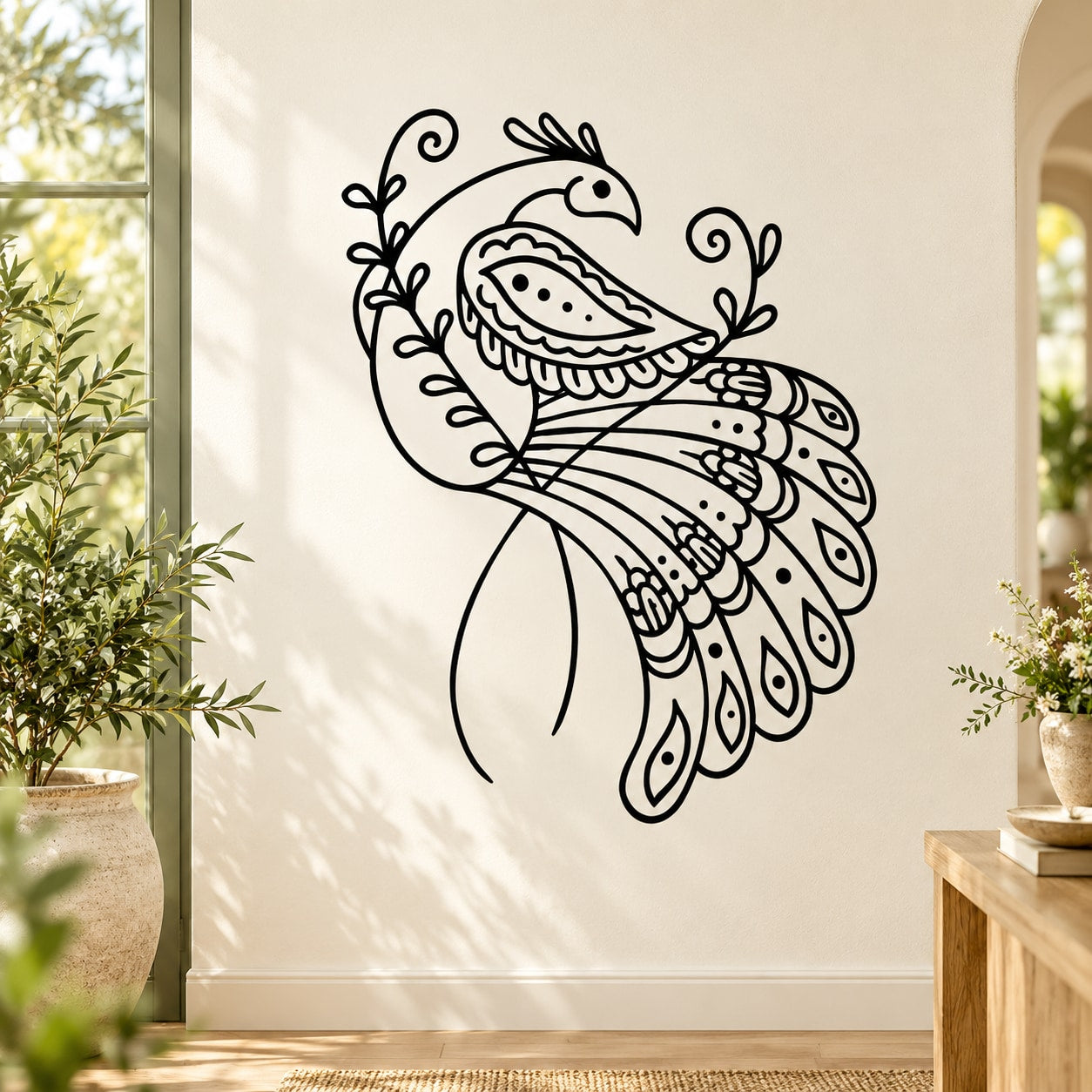 Black paisley-style peacock decal with detailed feather line art on wall