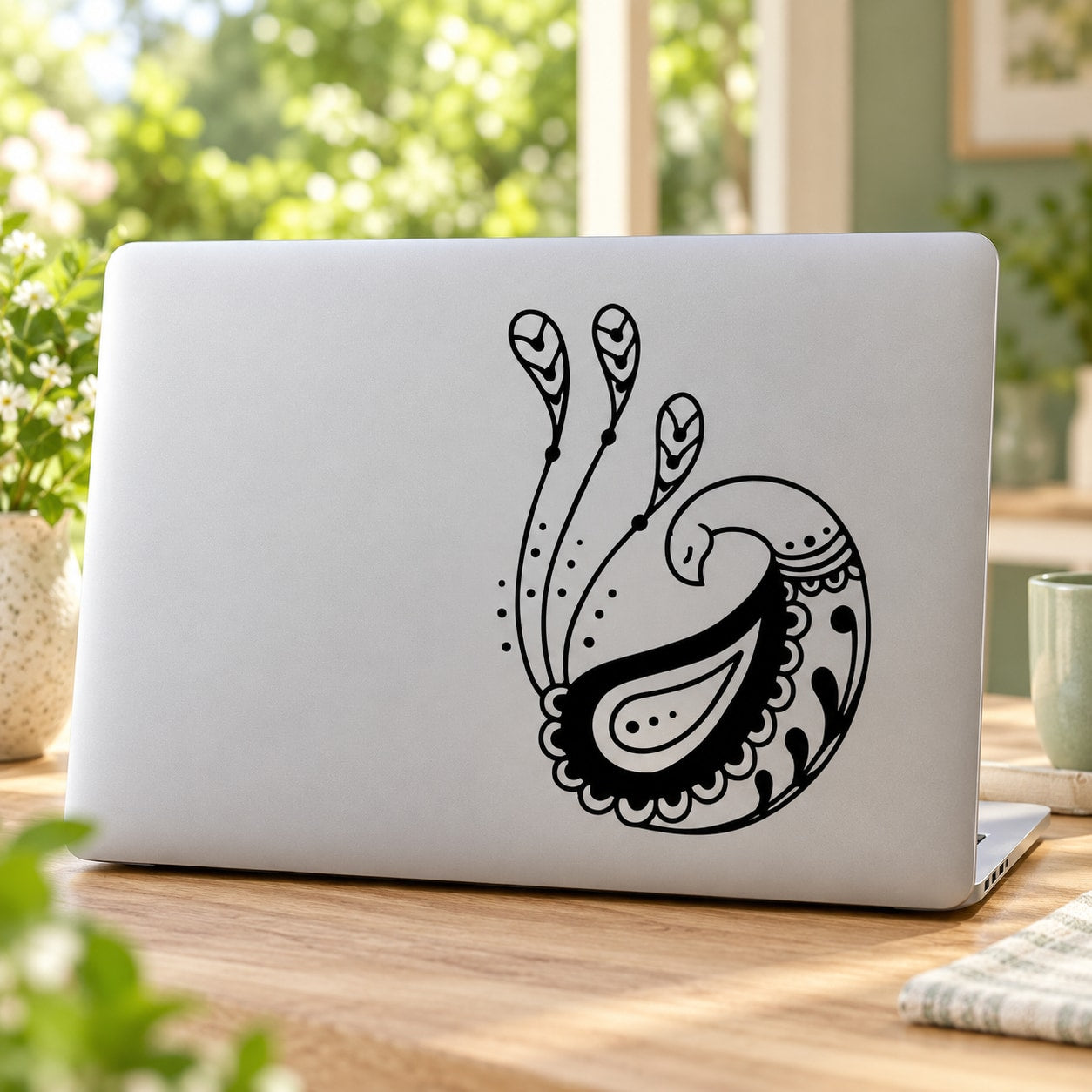 Black peacock sleep design vinyl decal with paisley-style feather details