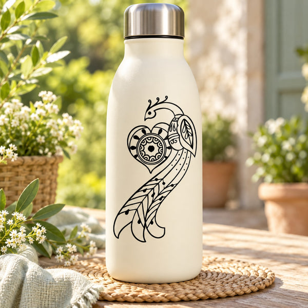 White insulated water bottle with black peacock and heart decal