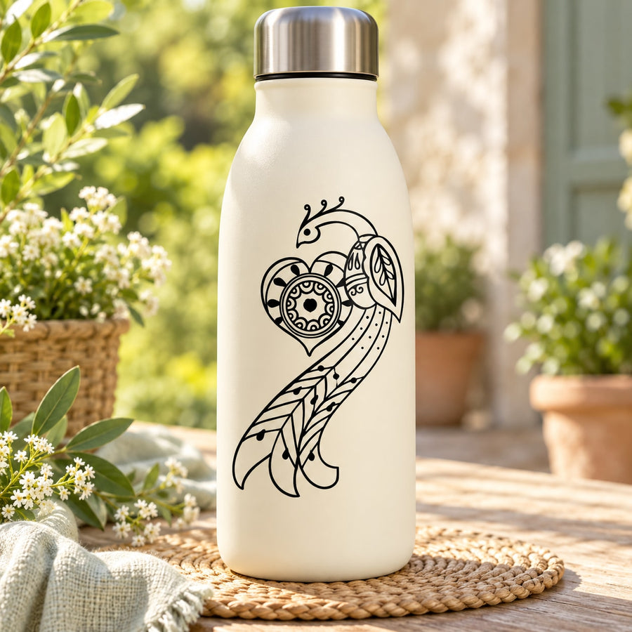 White insulated water bottle with black peacock and heart decal