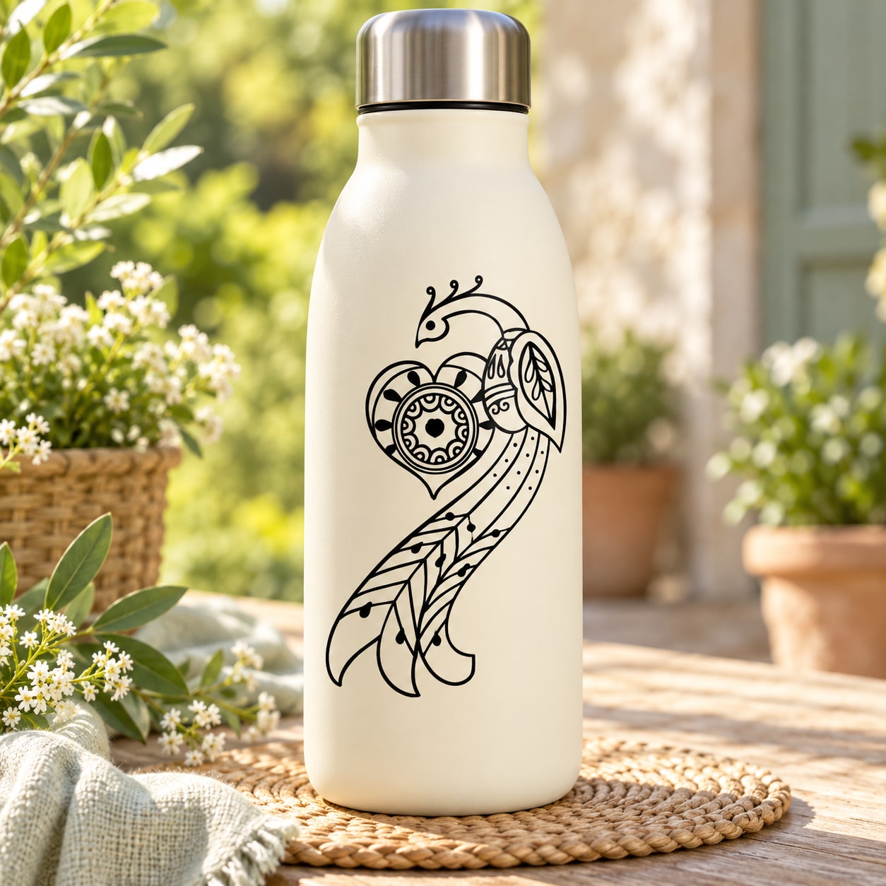 White insulated water bottle with black peacock and heart decal