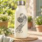 White insulated water bottle with black peacock and heart decal