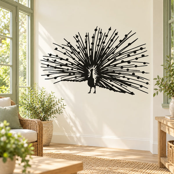 Peacock spread-tail wall decal in black silhouette