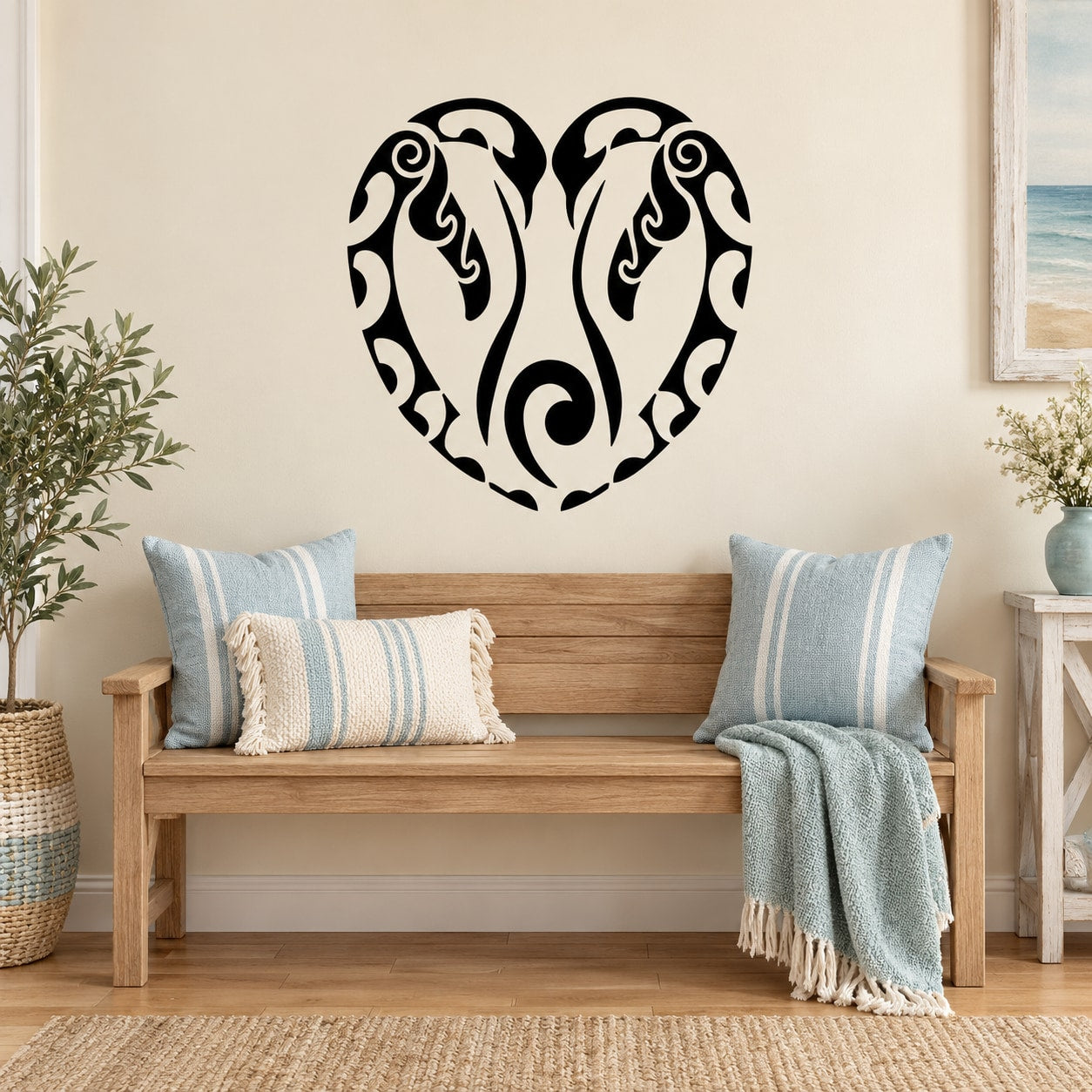 Heart-shaped penguin wall decal with bold black tribal-style design