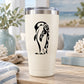 White tumbler with black huddled penguin decal