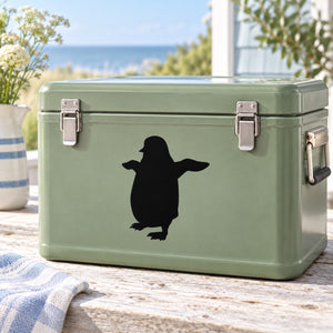 Green metal storage box with black penguin silhouette flapping decal