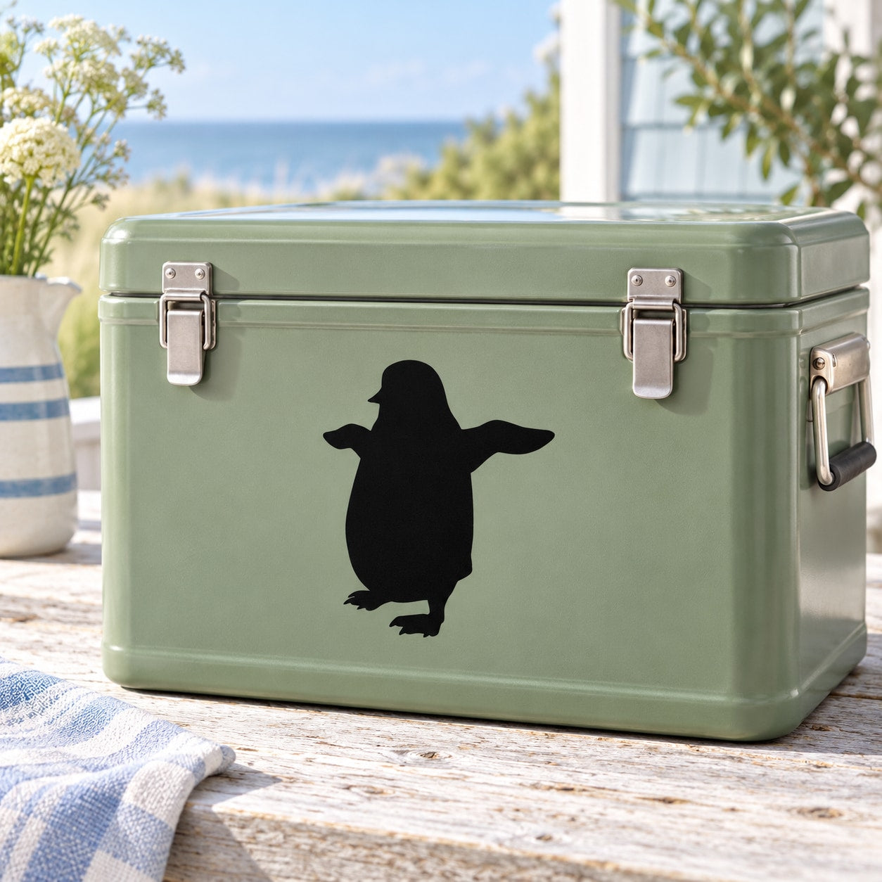 Green metal storage box with black penguin silhouette flapping decal