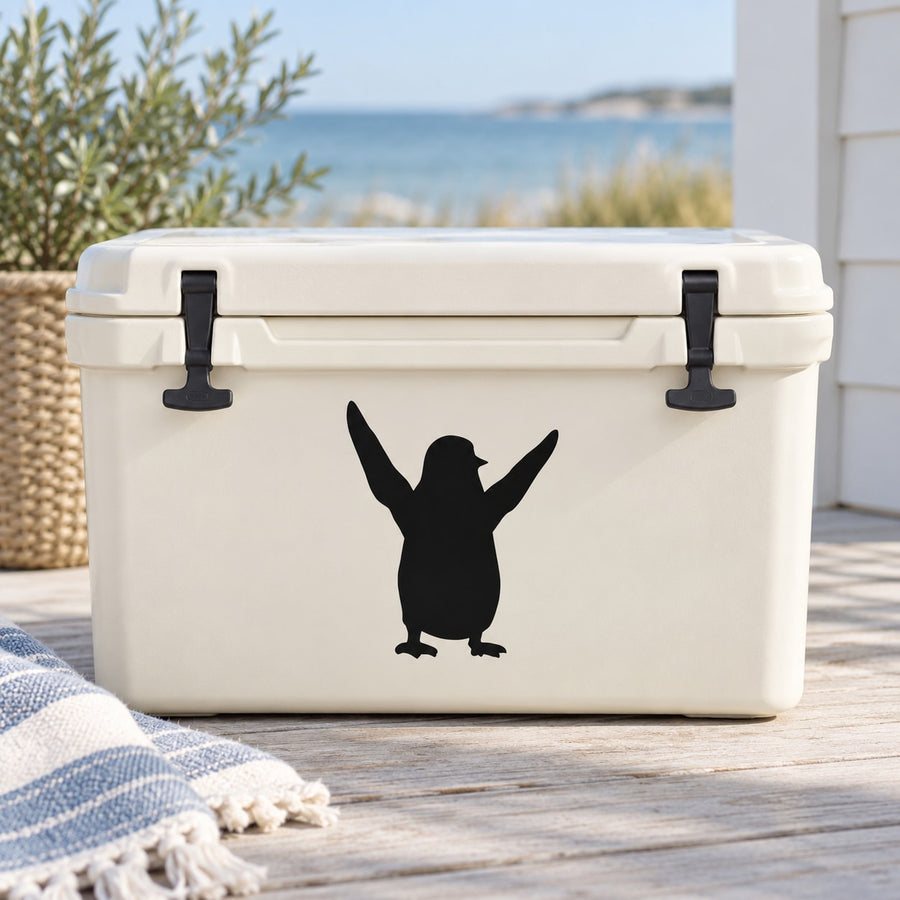 Black penguin greeting decal with arms raised
